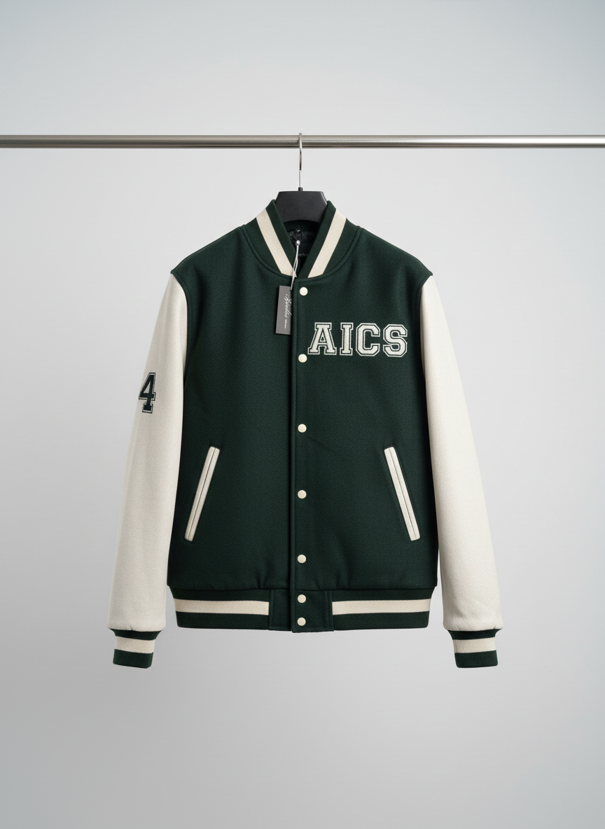 AICS custom varsity jacket on hanger